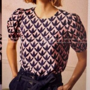 SOLD OUT!  NEW WITH TAGS!Boden Adriana Puff Sleeve Pink/Navy silk-blend Top, 10